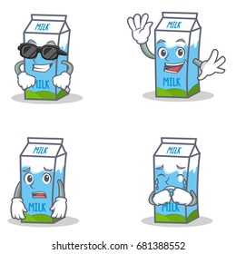 Set of milk box character with cool waving afraid crying