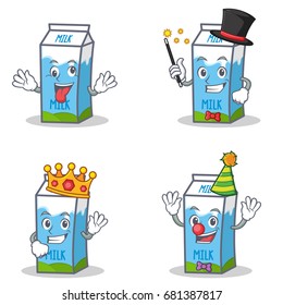 Set of milk box character with crazy magician king clown