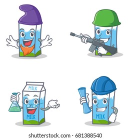 Set of milk box character with elf army professor architect