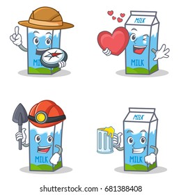 Set of milk box character with explorer heart miner juice
