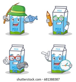Set of milk box character with fishing student gamer clock
