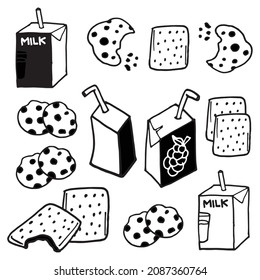 Set Of Milk Box, Juice, Cookies And Biscuits Illustration. Black And White Colors. Hand Drawn Vector. Snack Time. Doodle Art For Wallpaper, Logo, Label, Poster, Advertising, Sticker, Clipart. 