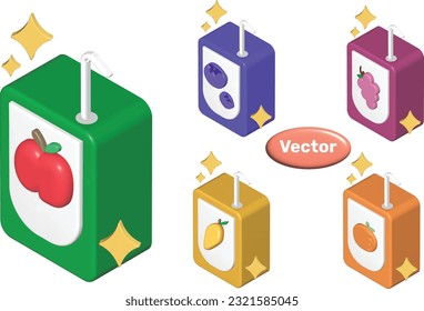 Juego de caja de jugo de leche con diversos tipos de leche de fruta, fresa, durazno, durazno, plátano, manzana, mango, arándano, uva, naranja y tomate. Beber de almuerzo para niños con estilo de dibujos animados 3D