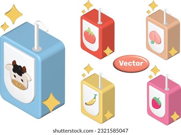 Set of  milk box juice box with various fruit milk, strawberry, peach ,banana, apple, mango ,blueberry, grape, orange  and tomato. Lunch drink for kids with 3D model cartoon style