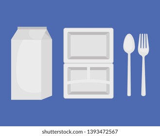 set of milk box with toxic plastic plate and spoon with fork