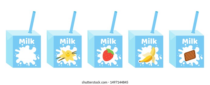 Set milk box with tubule with vanilla, banana, strawberry, chocolate flavor. Drink for children. White splash. Natural breakfast, snack with vitamins from cow. Healthy food for kids. Vector 