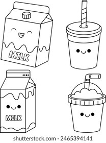 Conjunto de dibujos animados de leche y capuchino para colorear página para niños. Verano, comida y bebida Ilustración vectorial