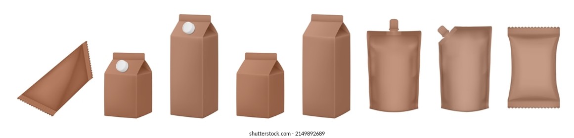 Set aus Milchkarton. Vektormockup-Set. Realistisches Karton-Paket mit Deckel. Schachteln für Milcherzeugnisse. Realistische Doy-Pack-Modelle. Braunes Durchstechflasche, Beutel. Tetrahedral Verpackung. Schokolade