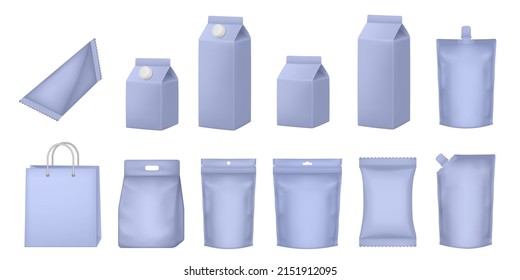 Set of milk cardboard package. Vector zip bag. Realistic carton package with cap. Box for dairy products. Pouch and doy pack mockups. Violet flow pack, sachet. Purple paper bag. Tetrahedral packaging