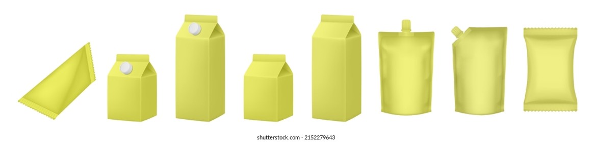 Set of milk cardboard package. Vector mockup set. Realistic carton package with cap. Boxes for dairy products. Realistic doy pack mockups. Yellow flow pack, sachet. Tetrahedral packaging. Lemon