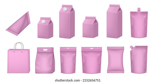 Set of milk cardboard package. Vector zip bag. Realistic carton package with cap. Box for dairy products. Pouch and doy pack mockups.  Pink flow pack, sachet. Pink paper bag. 