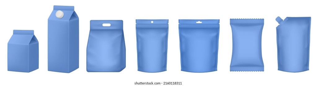 Set of milk cardboard package. Vector zip bag. Realistic carton package with cap. Box for dairy products. Pouch and doy pack mockups. Blue flow pack, sachet
