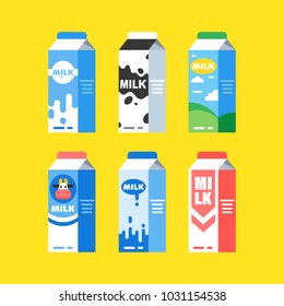 Set of milk carton boxes with a different design. Vector flat style illustration  isolated on white background.