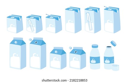 Set Of Milk Carton Boxes Different Sizes Clipart. Milk Carton Package With Straw And Cap Vector Design. Milk Box, Bottle And Glass Cute Drawing Doodle Style. Dairy Products Paper And Glass Package