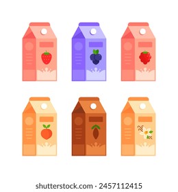 Set of milk cartons with strawberry, blueberry, raspberry, peach, cocoa, and vanilla flavors. Flat icon set isolated on white background. Dairy concept for nutrition and product marketing