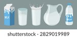 Set of milk in cartoon style. Vector illustration of milk in different packages: cardboard box, glasses, glass jug and bottle isolated on gray background.
