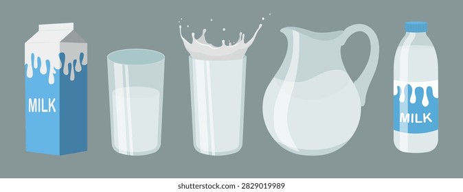 Set of milk in cartoon style. Vector illustration of milk in different packages: cardboard box, glasses, glass jug and bottle isolated on gray background.
