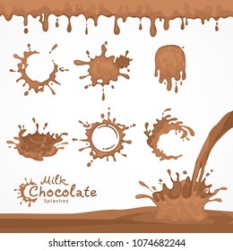 Set of milk chocolate blots and splash, dripping and flows hot chocolate or glaze. Dessert design. Vector illustration.