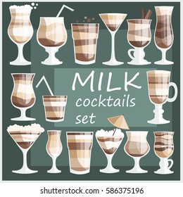 set of milk and chocolate cocktails illustrations, glasses with drinks on white