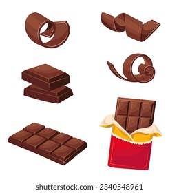 A set of milk chocolate and milk chocolate curls, shavings. Vector illustration