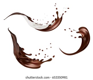 Set of milk and chocolate splashes vector isolated over white background. pouring liquid or milkshake falling with drops and blots. 3d illustration.