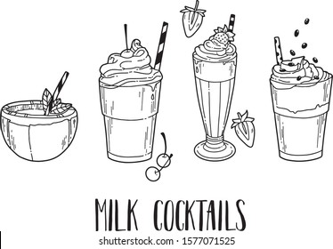 Set of milk cocktails with coconut, strawberry, cherry and candies. Vector hand drawn illustration isolated on white background. Flat cartoon style. For print, menu, cafe, restaurant, market. 