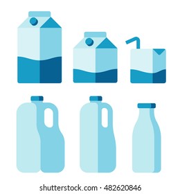 Set of milk container icons. Cartons, plastic jugs and glass bottle. Isolated flat vector illustration.