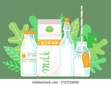 Set of milk containers. Plastic bottle with label, carton pack with vegan milk, bottle with cork, bottle with straw and label, milk cocktail. Organic product at green leaves background. Free dairy