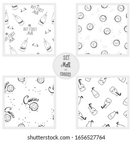 Set of milk and cookies seamless pattern. Set for printing on fabric for newborns, children, printing on paper, packaging, wallpaper. Vector set of smiling cookies and bottles with milk.