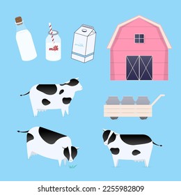 Set of milk and cow elements on blue background. Paper art style. Vector illustration.

