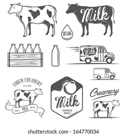 Set of milk and creamery labels, emblems and design elements