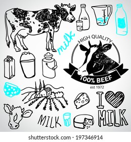 Set of milk and creamery labels, emblems and design elements