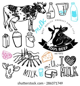 Set of milk and creamery labels, emblems and design elements