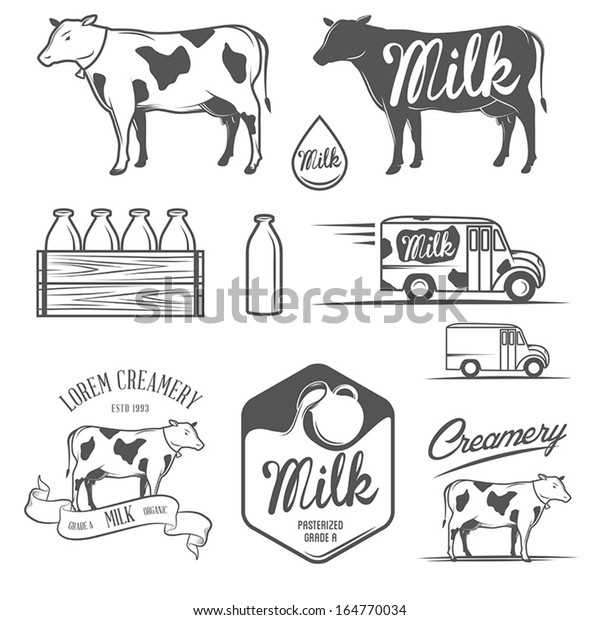 Set of milk and creamery labels, emblems and\
design elements