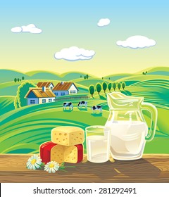 Set of milk, dairy products on the background rural landscape. Vector illustration.