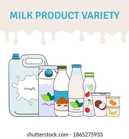 Set of milk, dairy products and vegan milk alternatives. Milk bottle and carton box, yogurt. Hand drawn vector illustration.