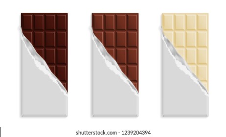 Set Of Milk, Dark And White Chocolate Bars In Silver Wrap Isolated On White Background. Vector Illustration