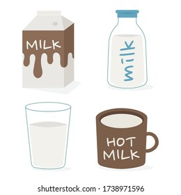 Set of milk in different containers vector illustration cartoon isolated on white background. Box, bottle, mug cup, and glass of milk. 