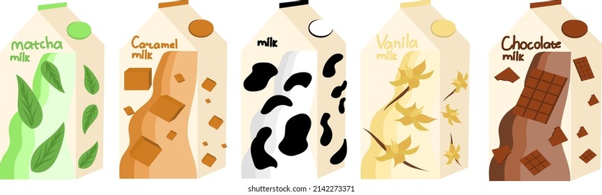 Set of milk with different flavors. Matcha, regular milk, chocolate, caramel and vanilla milk.