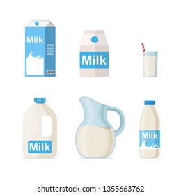 Набор молока в разных упаковках: стекло, картон, бутылка, изолированные на белом фоне