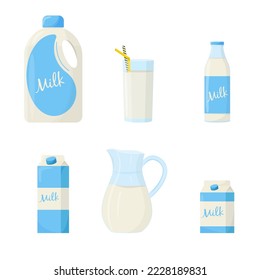 Set of milk in different packages: glass, carton, bottle. Elements for design farm products, healthy food. Flat vector illustration.
