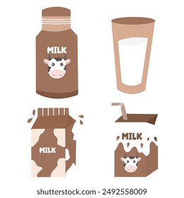 Juego de leche en diferentes envases.  Elementos dibujados a mano para el diseño de productos agrícolas, alimentos saludables