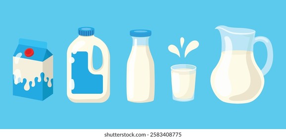 A set of milk in different packages. Vector illustration in flat style