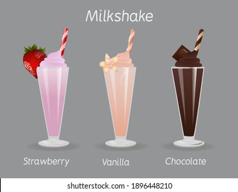 A set of milk drinks. vector illustration. Milkshake with strawberries, vanilla and chocolate is suitable for use in the culinary field