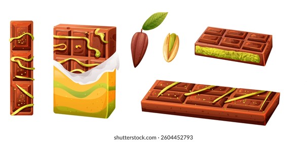 Set of milk dubai chocolate with green pistachio cream on transparent background