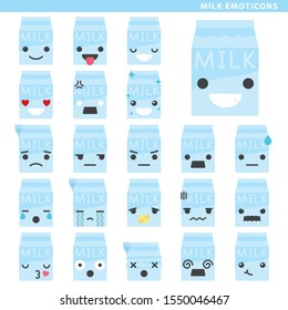 Set of milk emoticons with different faces and expressions.
