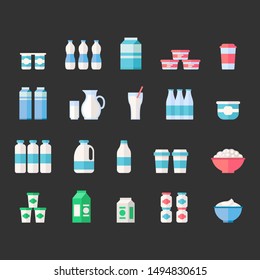Set of milk and farm products in flat vector style.