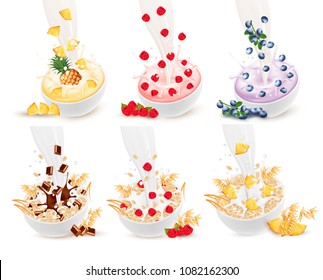 Set of milk flowing into a bowl with grain and fruit and berries and chocolate. Vector.