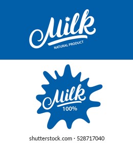 Set of Milk hand written lettering logo, label or badge. Design elements for grocery, farm, agriculture store, packaging and advertising. Vector illustration.