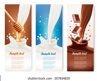 Set Of Milk, Honey And Chocolate Banners. Vector.